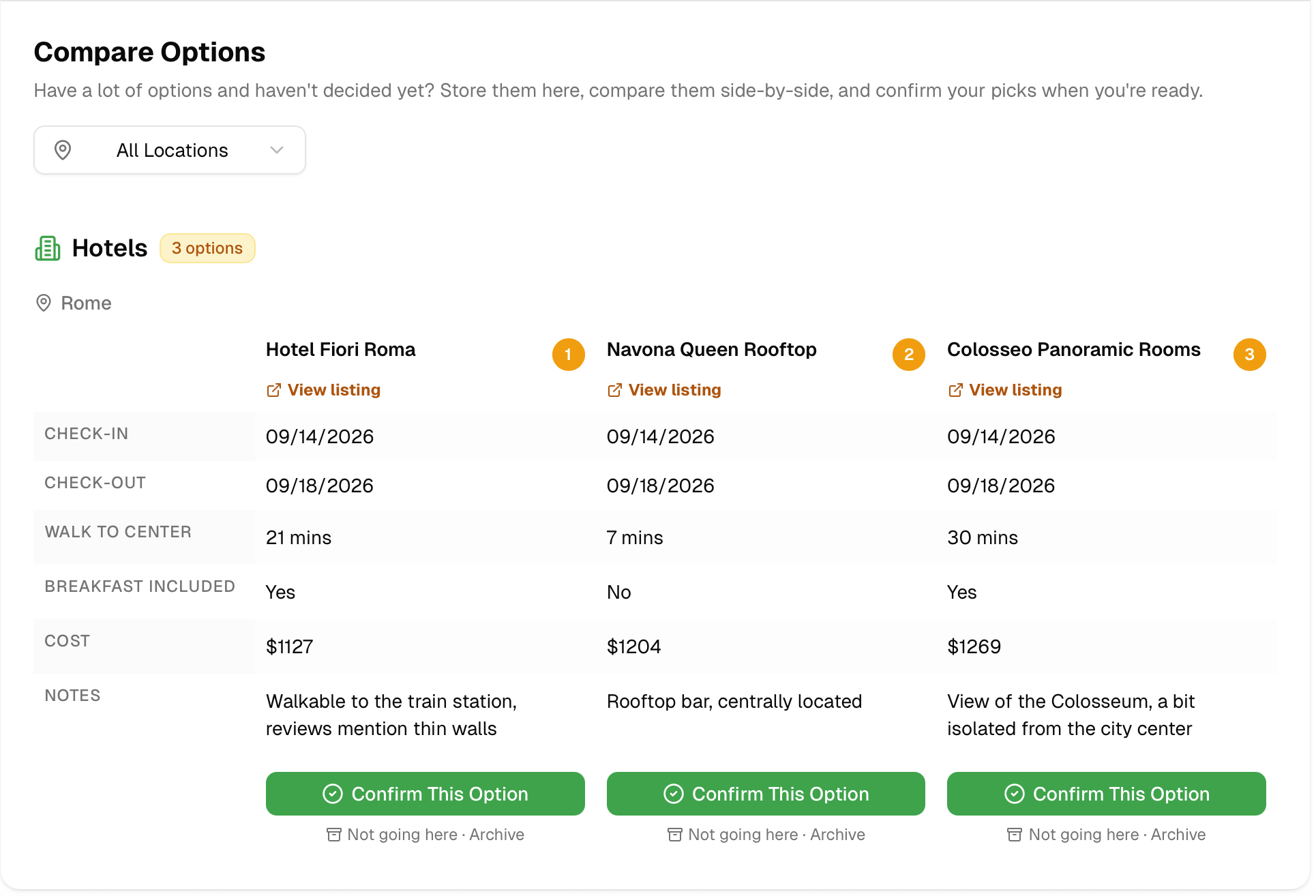 Three Rome hotels compared side by side in TripSheet's Compare tab, with rank badges showing the user's top picks.